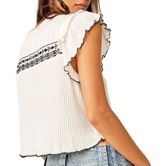 NWT $68 Free People Sarafina Embroidered Tassel Top Ruffle Boho Western Women L - Picture 2 of 14